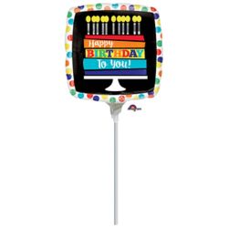 בלון על מקל 9 מרובע- HBD עוגת קשת בענן