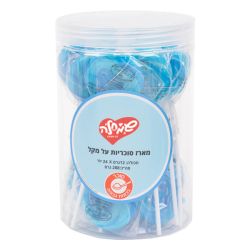 מארז סוכריות על מקל   12 גר 24 יח בצנצנת עיגול כחול לבן