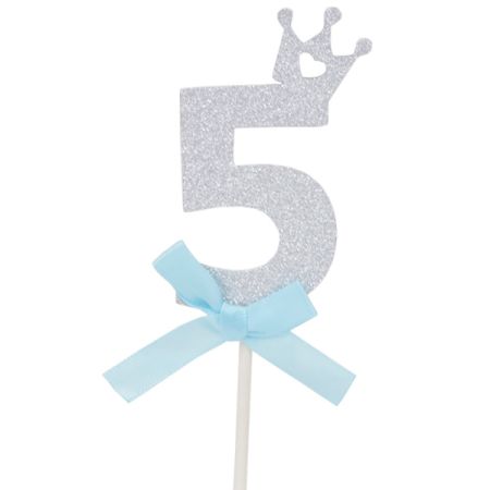 טופר גליטר קטן 1יח-ספרה 5 כסף