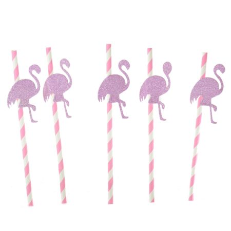 קשים מנייר 6יח- ורוד לבן עם קישוטים פלמינגו גליטר זהב