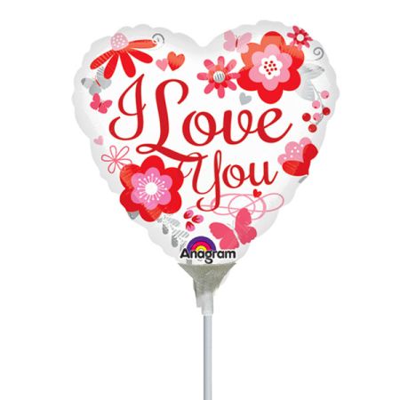 בלון על מקל 4- לב לבן ופרחוני I LOVE YOU