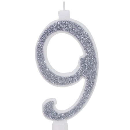 נר מספר ענק נצנצים כסף ולבן 9