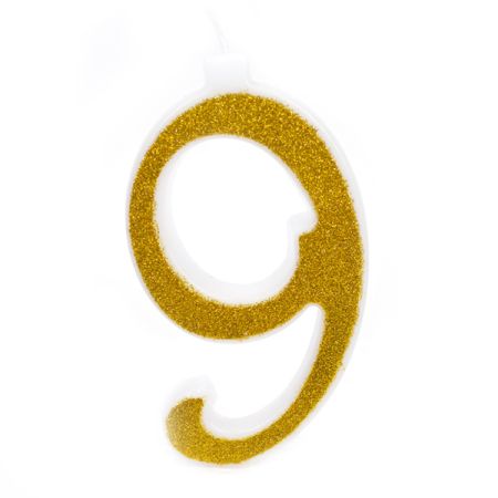 נר מספר ענק נצנצים זהב ולבן 9