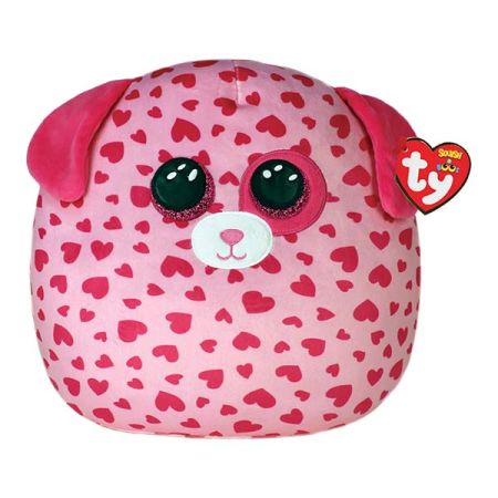 בובת TY עיניים גדולות כרית חיבוקי 14''-טיקל כלב ורוד עם לבבות מודפסים