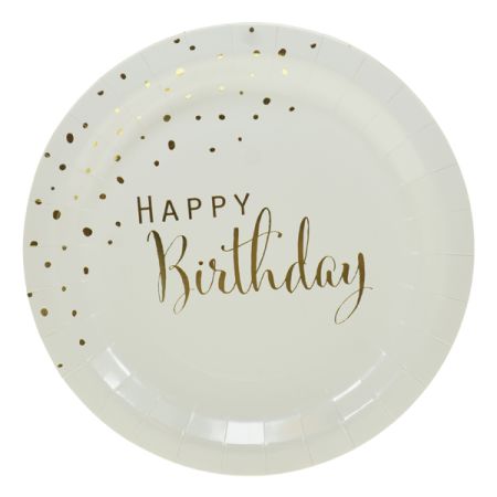 צלחות נייר 23סמ 8יח עגולות-HB לבן זהב