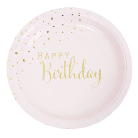 צלחות נייר 23סמ 8יח עגולות-HB ורוד זהב