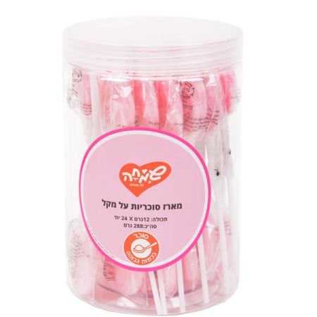 מארז סוכריות על מקל   12 גר 24 יח בצנצנת עיגול ורוד לבן