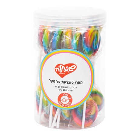 מארז סוכריות על מקל   12 גר 24 יח בצנצנת עיגול צבעוני
