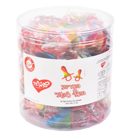 מארז סוכריות על מקל   15 גר 50 יח בצנצנת מוצץ צבעוני