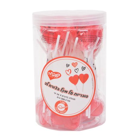 מארז סוכריות על מקל   12 גר 24 יח בצנצנת לב אדום