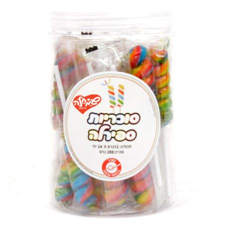 מארז סוכריות על מקל   12 גר 24 יח בצנצנת ספירלה צבעוני
