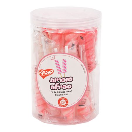 מארז סוכריות על מקל   12 גר 24 יח בצנצנת ספירלה ורוד לבן