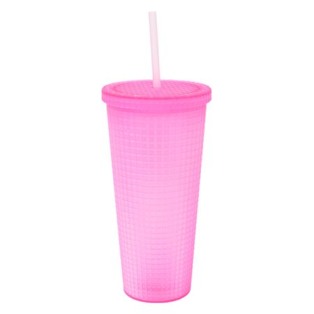 כוס פלסטיק יהלומים 650 מל עם קשית בדיספליי  - ורוד
