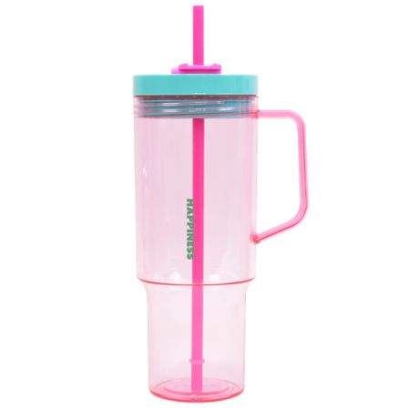 כוס פלסטיק עם קשית וידית אחיזה 1.18 ליטר  - ורוד