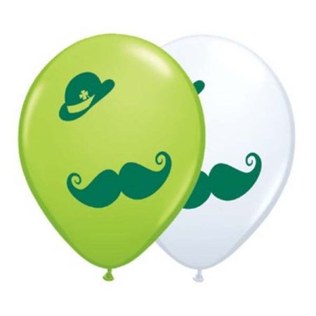 בלון Q11 מעורב לבן וירוק ליים מודפס כובע ושפם- 50 יח