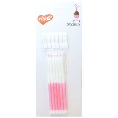 נרות לבנים ארוכים עם גליטר 12 יח'-ורוד