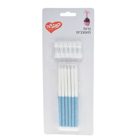 נרות לבנים ארוכים עם גליטר 12יח - תכלת