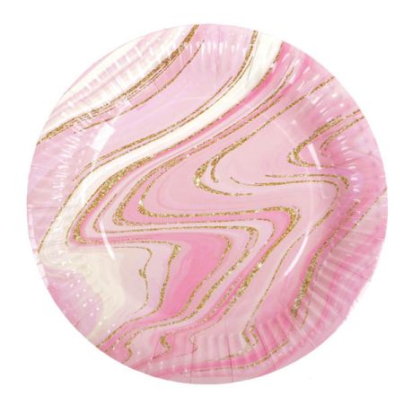 צלחות נייר 23 סמ 6 יח' עגולות-שיש ורוד זהב