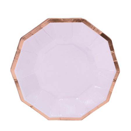 צלחות נייר 20- משושה לילך עם הטבעת רוז גולד- 6 יח