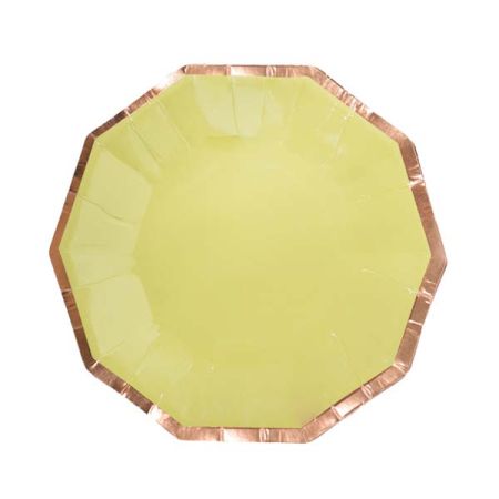 צלחות נייר 20- משושה צהוב עם הטבעת רוז גולד- 6 יח